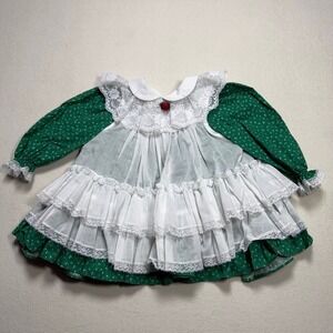 Bryan Vintage Girls Green Floral Dress White Lace Pinafore Set 2T Made in USA